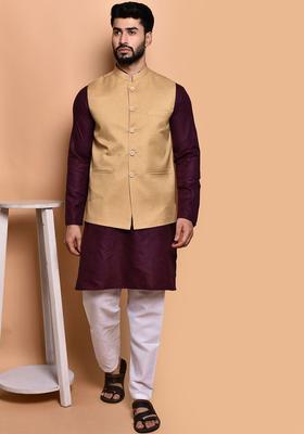 Purple Solid Cotton Kurta Set For Men