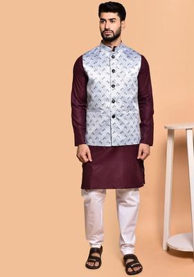 Purple Solid Cotton Kurta Set For Men
