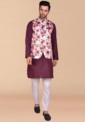 Purple Solid Cotton Kurta Set For Men