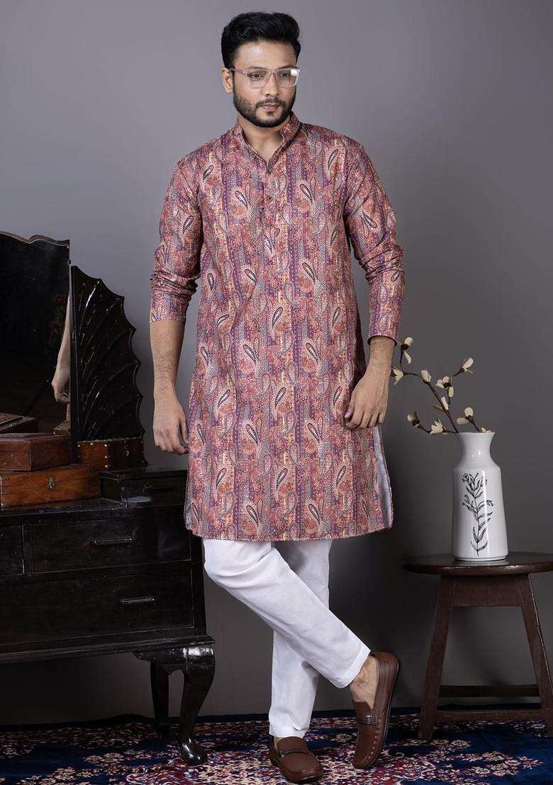 Multi Embroidered Viscose Kurta Set For Men - Indya
