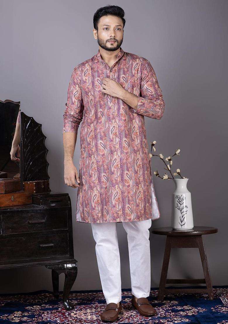 Multi Embroidered Viscose Kurta Set For Men - Indya