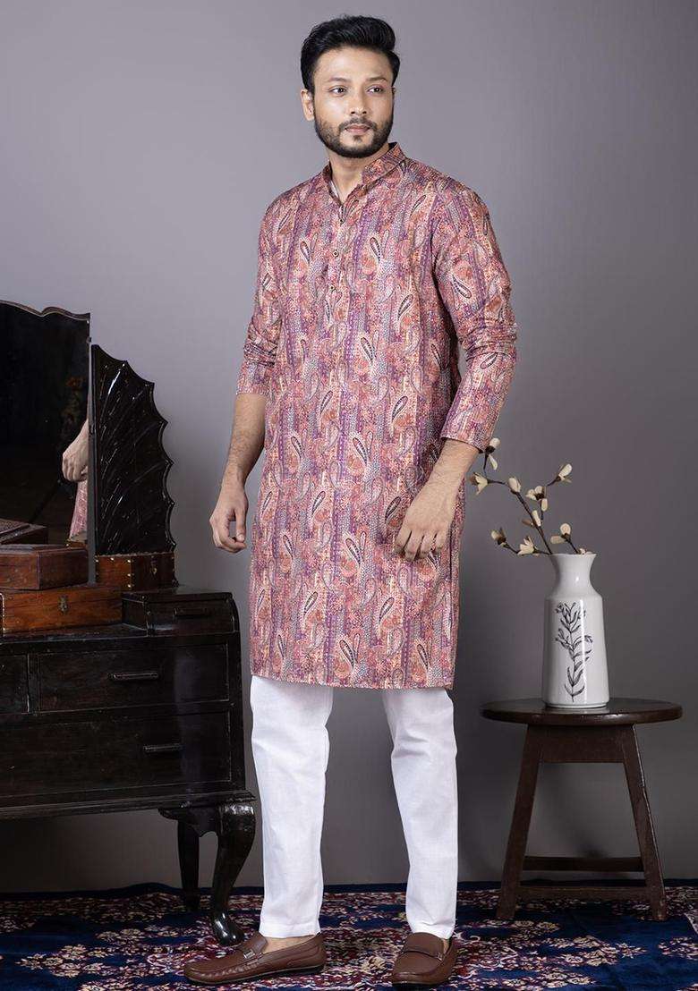 Multi Embroidered Viscose Kurta Set For Men - Indya