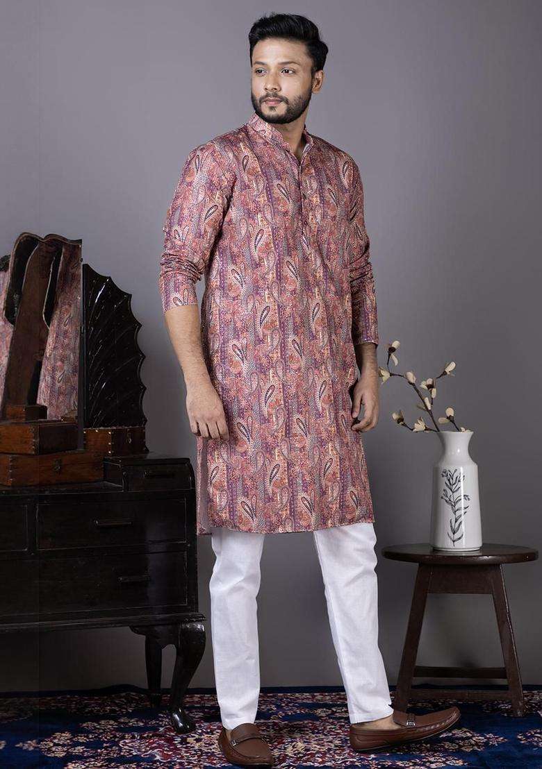 Multi Embroidered Viscose Kurta Set For Men - Indya