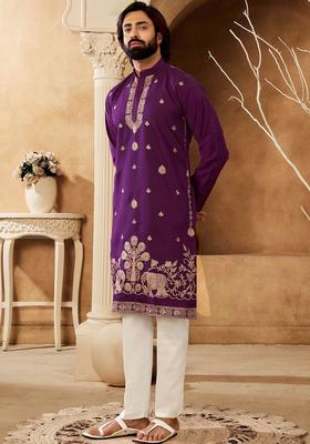 Purple Embroidered Cotton Kurta Set For Men