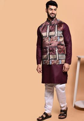 Purple Solid Cotton Kurta Set For Men