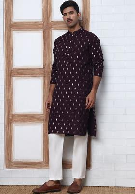 Purple Printed Silk Blend Kurta Set For Men