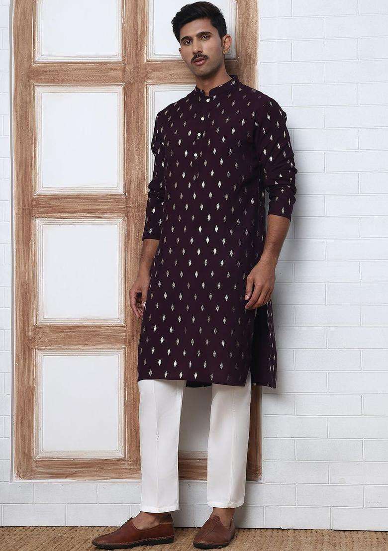 Purple Printed Silk Blend Kurta Set For Men - Indya