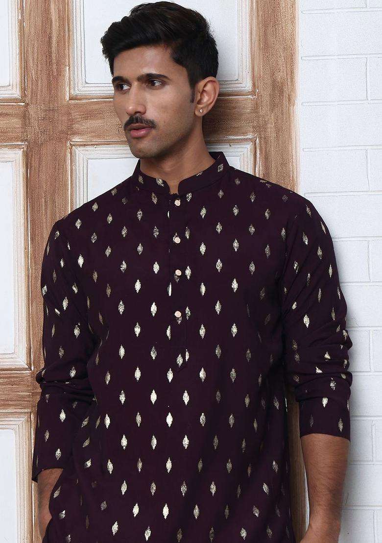 Purple Printed Silk Blend Kurta Set For Men - Indya