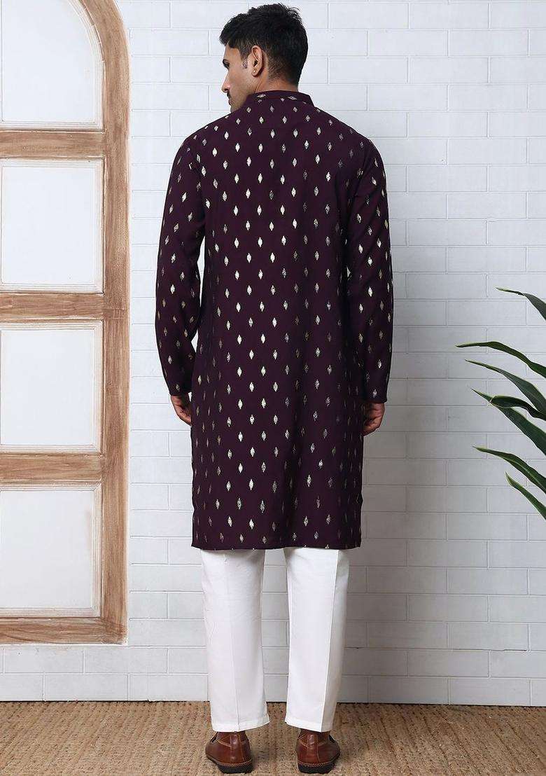 Purple Printed Silk Blend Kurta Set For Men - Indya