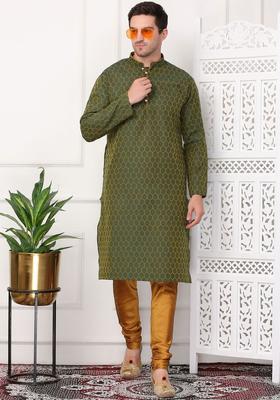 Green Woven Design Cotton Kurta Set For Men