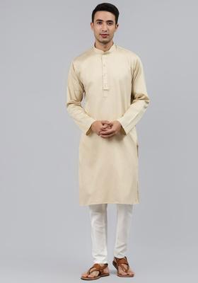 Beige Solid Cotton Kurta Set For Men