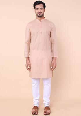 Beige Striped Cotton Kurta Set For Men