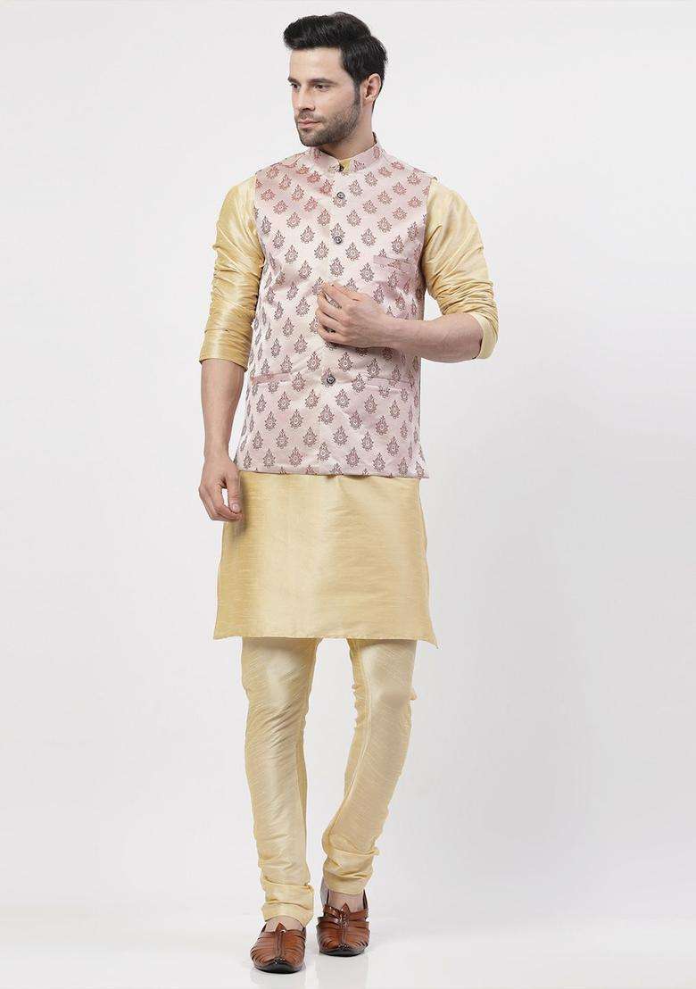Gold Solid Silk Blend Kurta Set For Men - Indya
