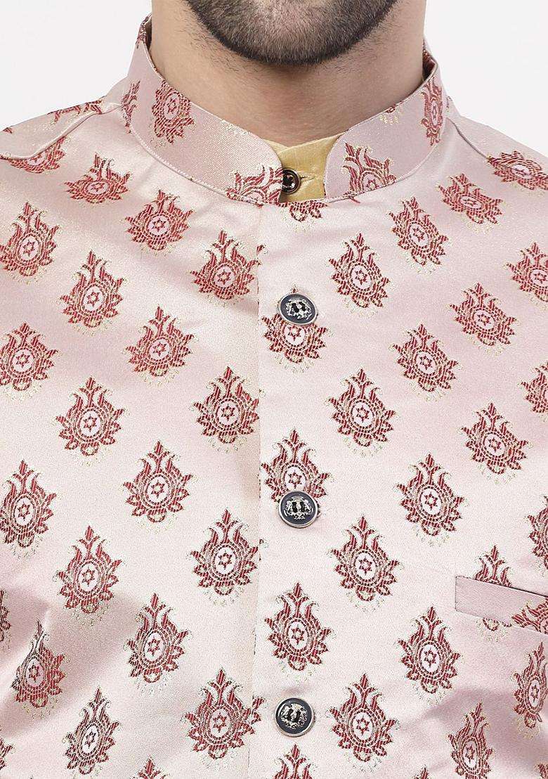 Gold Solid Silk Blend Kurta Set For Men - Indya