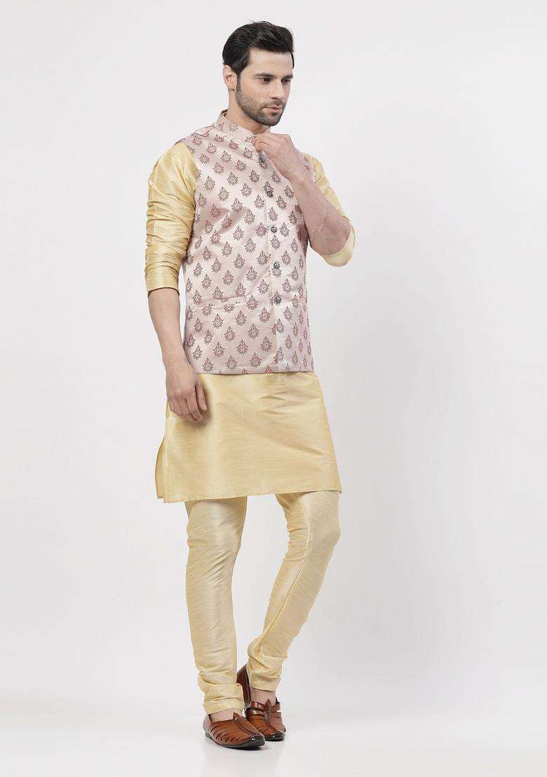 Gold Solid Silk Blend Kurta Set For Men - Indya