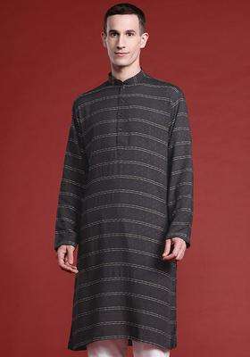 Black Striped Cotton Kurta Set For Men