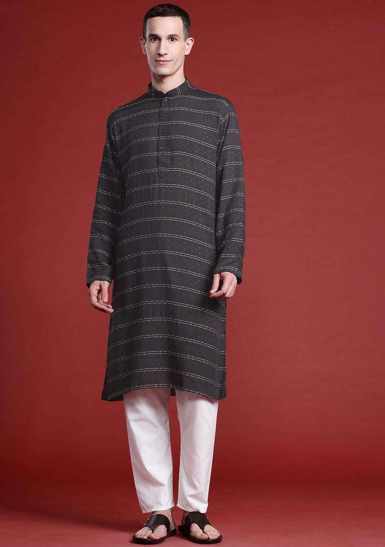 Black Striped Cotton Kurta Set For Men - Indya