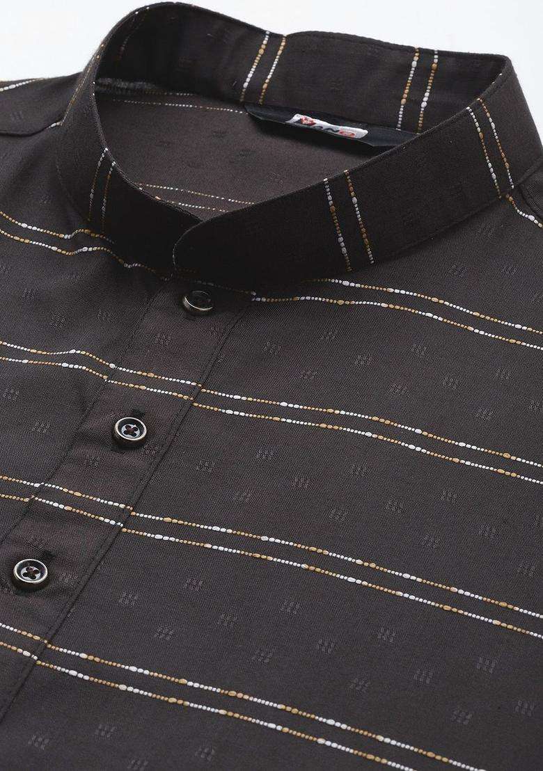 Black Striped Cotton Kurta Set For Men - Indya