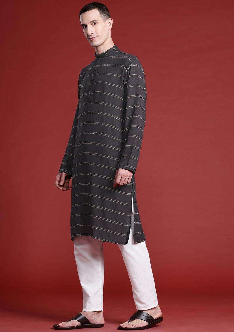 Black Striped Cotton Kurta Set For Men - Indya