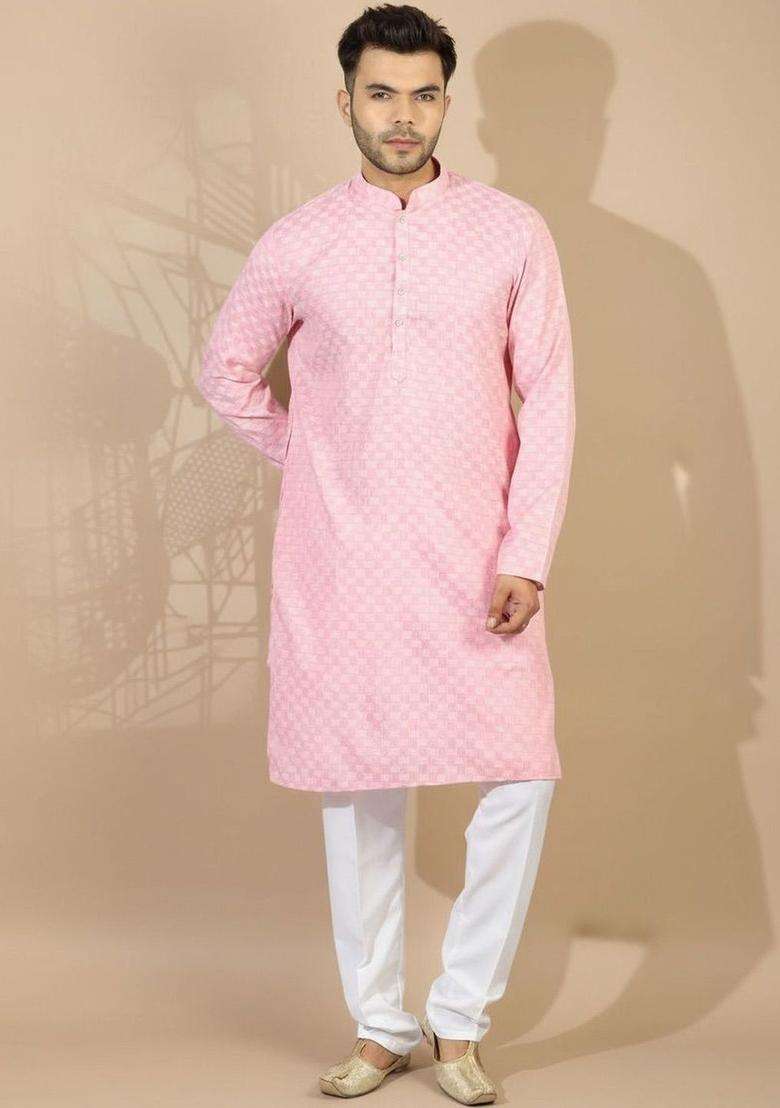 Pink Woven Design Silk Blend Kurta Set For Men - Indya