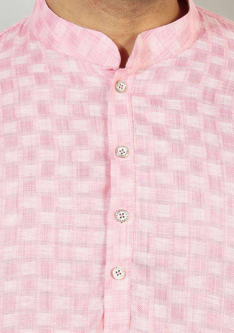 Pink Woven Design Silk Blend Kurta Set For Men - Indya