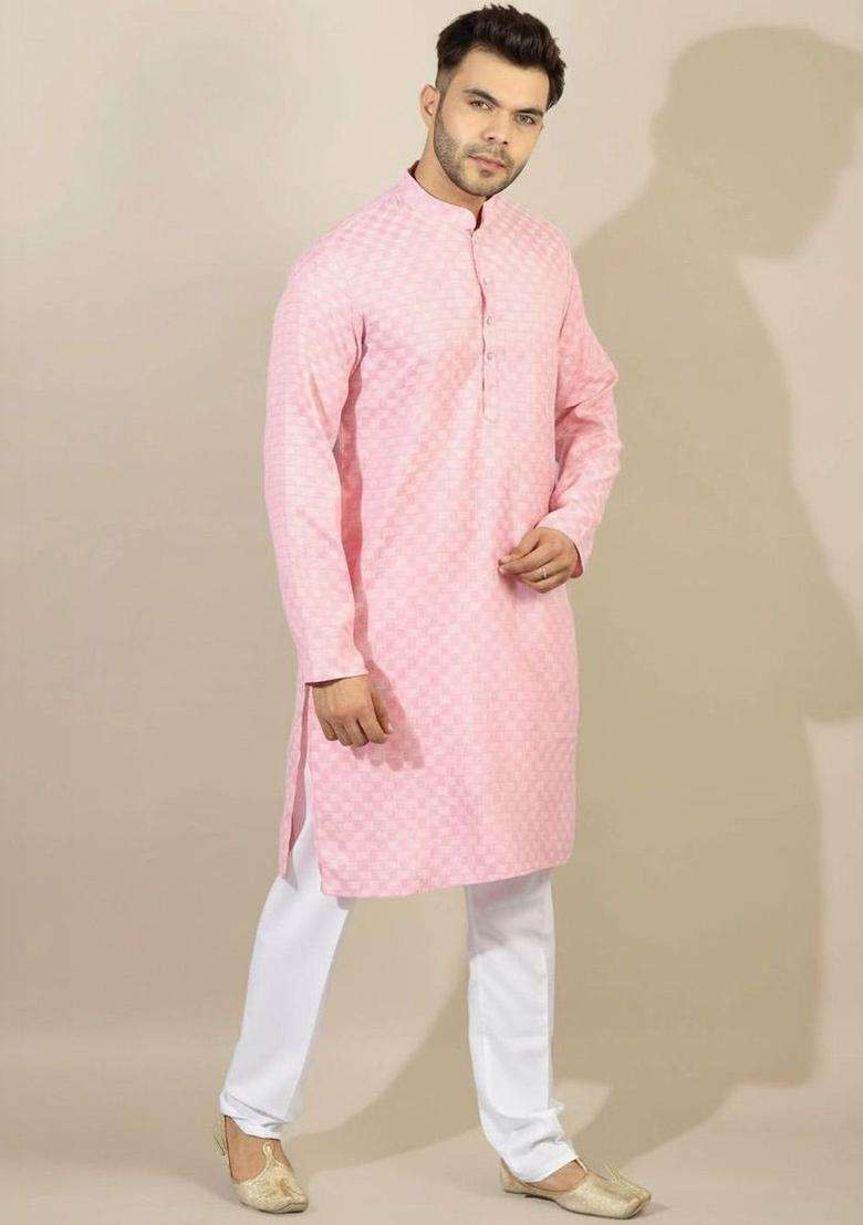 Pink Woven Design Silk Blend Kurta Set For Men - Indya