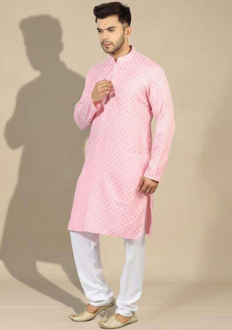 Pink Woven Design Silk Blend Kurta Set For Men - Indya