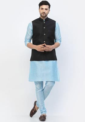 Turquoise Blue Solid Silk Blend Kurta Set For Men