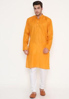 Mustard Self Design Cotton Kurta Set For Men