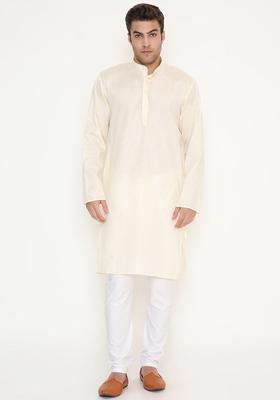 Beige Solid Cotton Kurta Set For Men