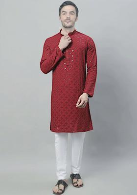 Maroon Embroidered Silk Kurta Set For Men