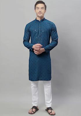 Teal Embroidered Silk Kurta Set For Men
