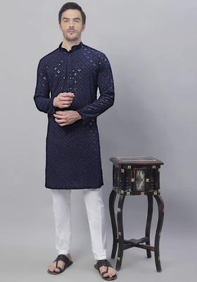 Navy Blue Embroidered Silk Kurta Set For Men
