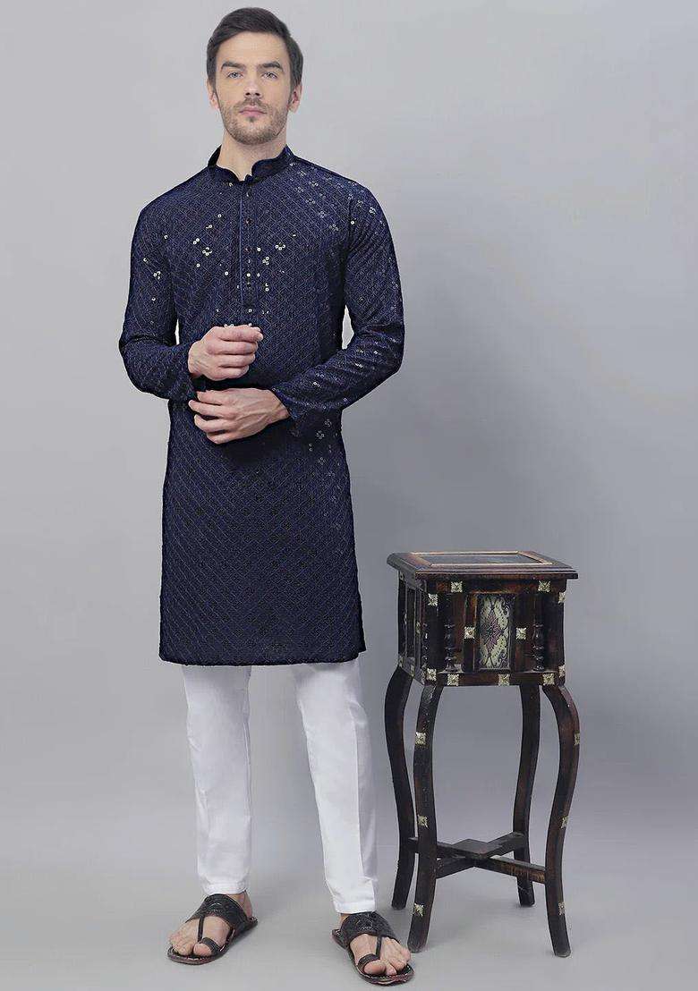 Navy Blue Embroidered Silk Blend Kurta Set For Men - Indya