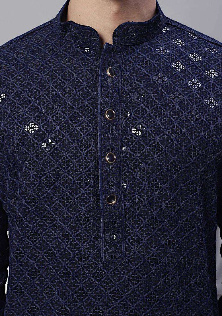 Navy Blue Embroidered Silk Blend Kurta Set For Men - Indya