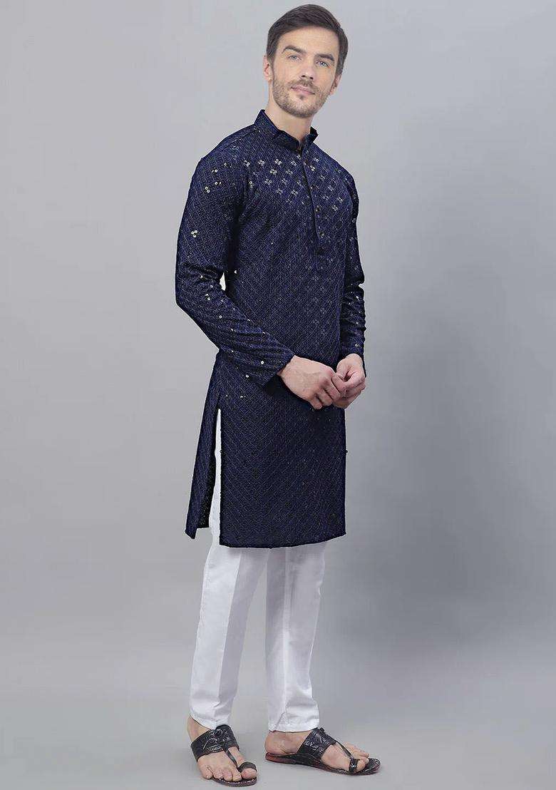 Navy Blue Embroidered Silk Blend Kurta Set For Men - Indya