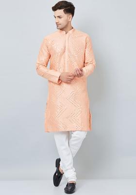 Pink Embroidered Silk Kurta Set For Men