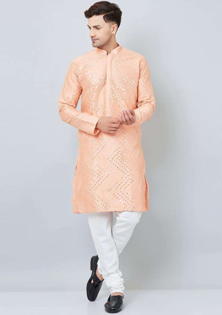 Pink Embroidered Silk Blend Kurta Set For Men - Indya