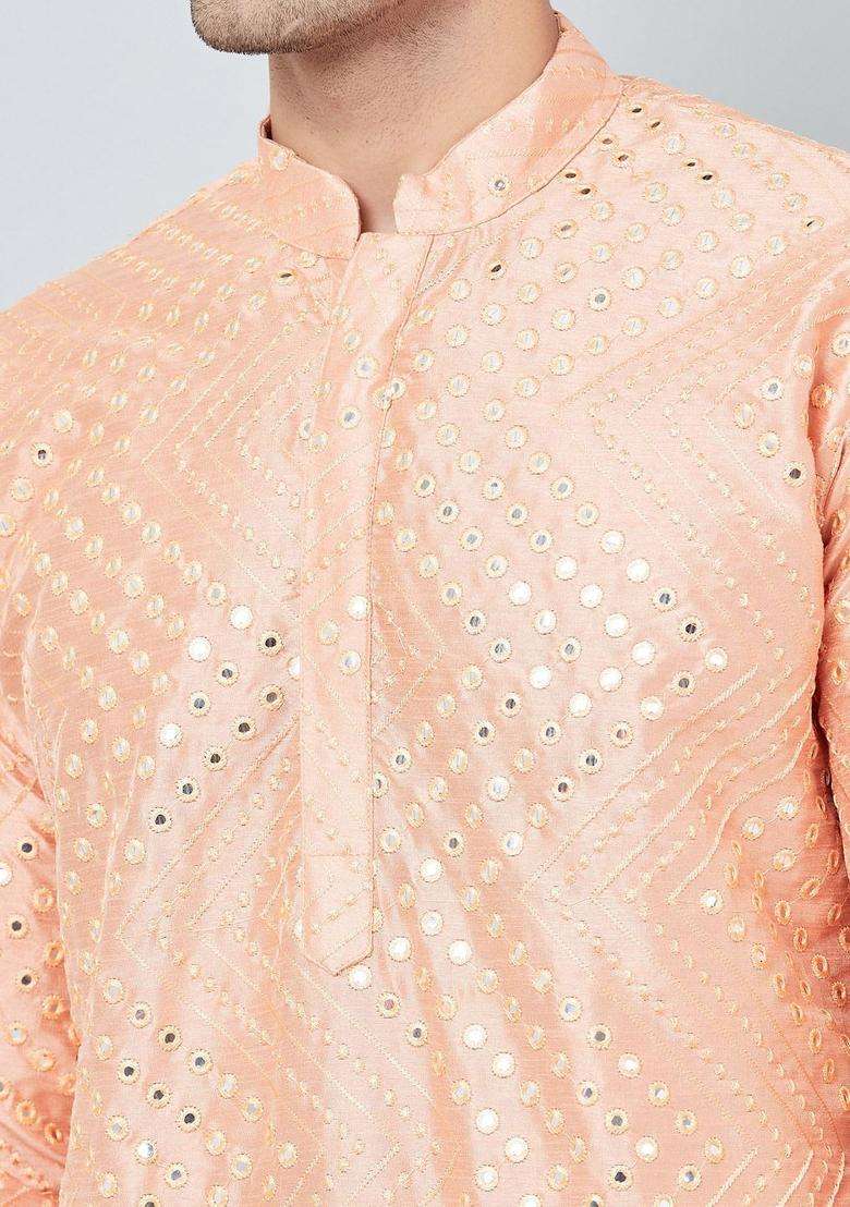 Pink Embroidered Silk Blend Kurta Set For Men - Indya