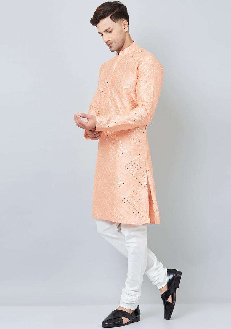 Pink Embroidered Silk Blend Kurta Set For Men - Indya