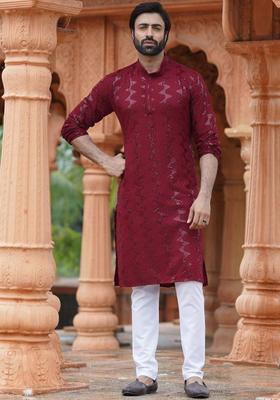 Maroon Embroidered Viscose Kurta Set For Men