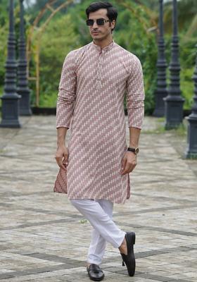 Pink Embroidered Cotton Kurta Set For Men