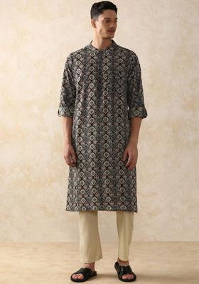 Black Printed Cotton Kurta Set For Men