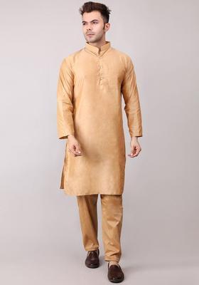 Gold Solid Cotton Kurta Set For Men