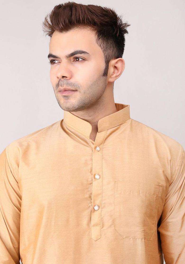 Gold Solid Cotton Kurta Set For Men - Indya