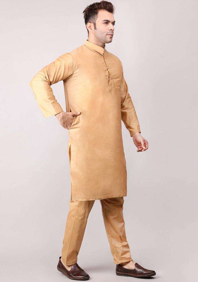 Gold Solid Cotton Kurta Set For Men - Indya