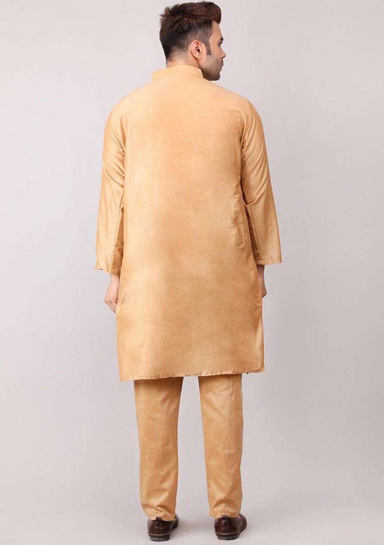 Gold Solid Cotton Kurta Set For Men - Indya