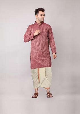 Maroon Embroidered Cotton Kurta Set For Men
