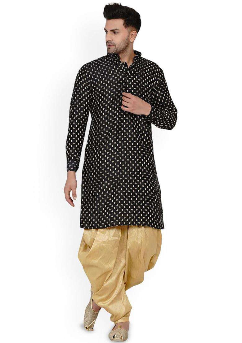 Black Woven Design Silk Blend Kurta Set For Men - Indya