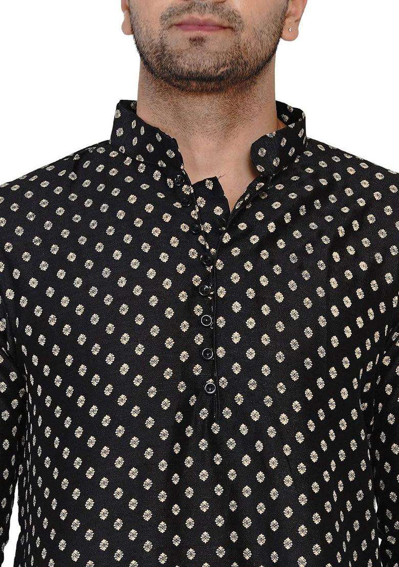 Black Woven Design Silk Blend Kurta Set For Men - Indya